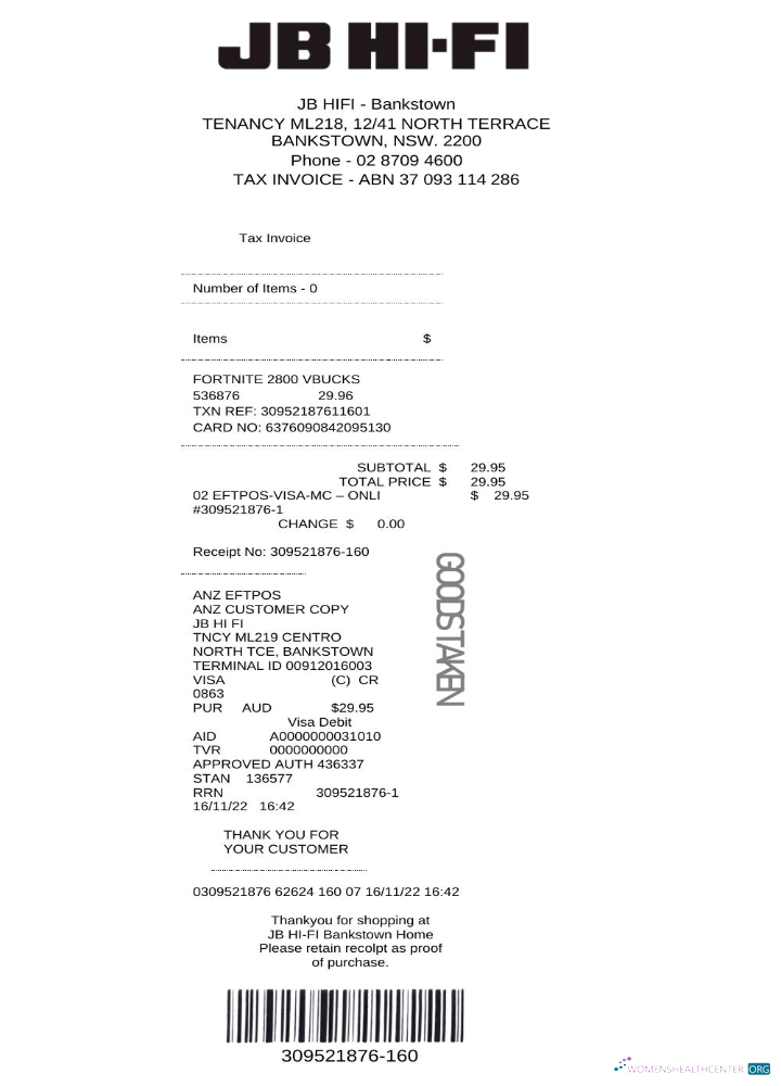 Download Australia JB Hi Fi tax invoice Photoshop template